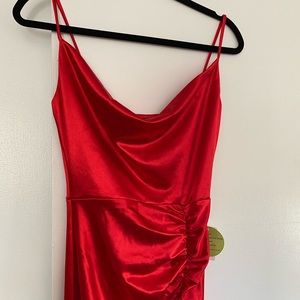 Red Formal Satin Dress with High Slit